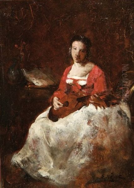 Femme A La Mandoline Oil Painting by Theodule Ribot