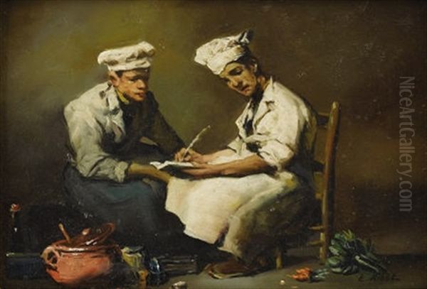 Two Chefs Oil Painting by Theodule Ribot