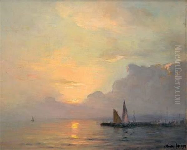 Coucher De Soleil, Cannes Sortie Du Port Oil Painting by Georges Ricard-Cordingley