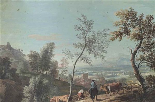An Extensive River Landscape With A Drover And A Traveller In The Foreground Oil Painting by Marco Ricci