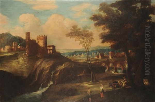 Paesaggio Con Figure Ed Architetture Oil Painting by Marco Ricci