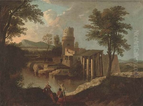 A Wooded River Landscape With Figures Conversing On A Track, Buildings Beyond Oil Painting by Marco Ricci