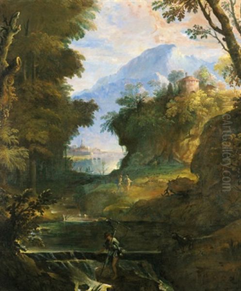 Paesaggio Con Una Torre E Un Pescatore Oil Painting by Marco Ricci