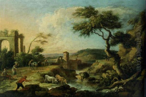An Italianate River Landscape With Cattle Watering At A Pool And Travellers On A Path Oil Painting by Marco Ricci