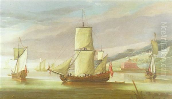 The Royal Yacht Fubbs In An Italianate River Landscape Oil Painting by Marco Ricci