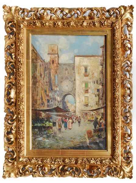 Market In An Italian Town (+ Another; Pair) Oil Painting by Oscar Ricciardi