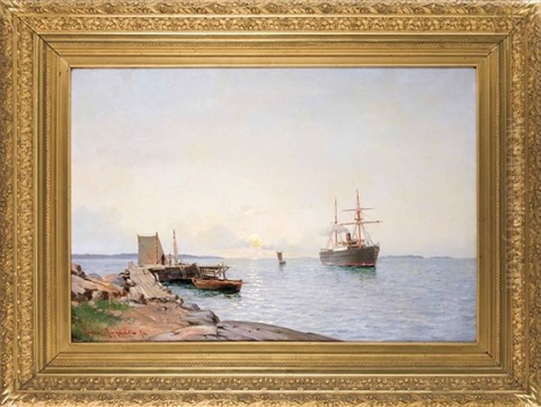 Einlaufender Segeldampfer Vor Sonnenuntergang Oil Painting by Ludvig Otto Richarde