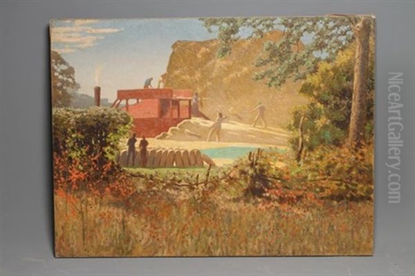 Threshing In The Summer Heat Oil Painting by Herbert Davis Richter