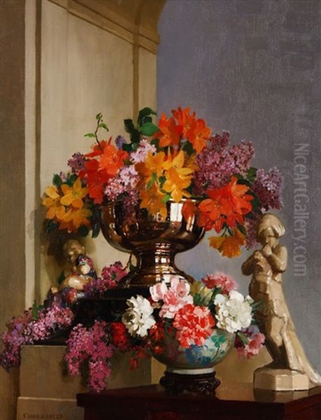 Still Life With Flowers And A Statue Oil Painting by Herbert Davis Richter