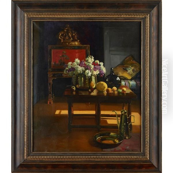 Interior Scene With Flowers, Fruit And Objects D'art Oil Painting by Herbert Davis Richter