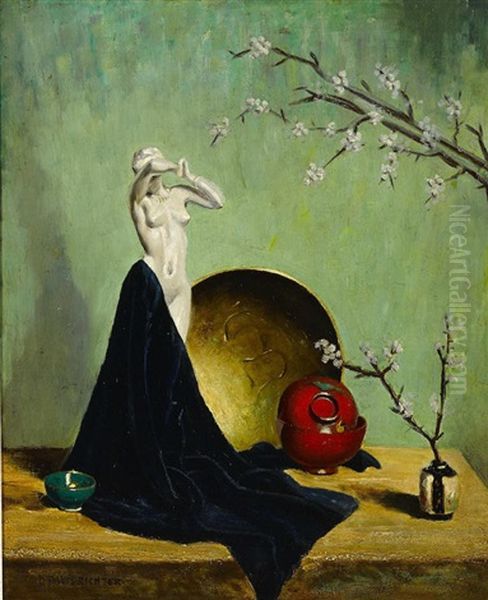 A Still Life With A Porcelain Figure And Asian Objects On A Table Oil Painting by Herbert Davis Richter