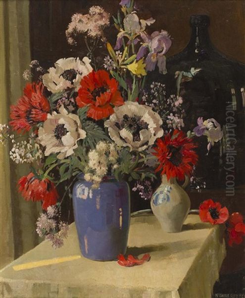 Flowers In A Blue Vase Oil Painting by Herbert Davis Richter