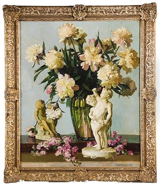 Still Life With Bouquet And Putti Oil Painting by Herbert Davis Richter