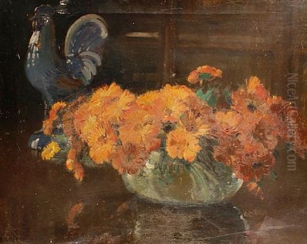Still Life Of Marigolds And Pottery Cockerel Oil Painting by Herbert Davis Richter