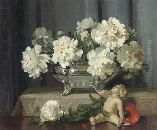 Peonies In A Silver Tureen With A Red Poppy And A Seated Putti Oil Painting by Herbert Davis Richter