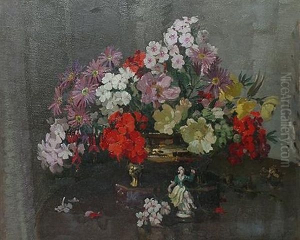 Still Life Of Mixed Flowers In A Bronze Bowl, Next To Figurine Oil Painting by Herbert Davis Richter
