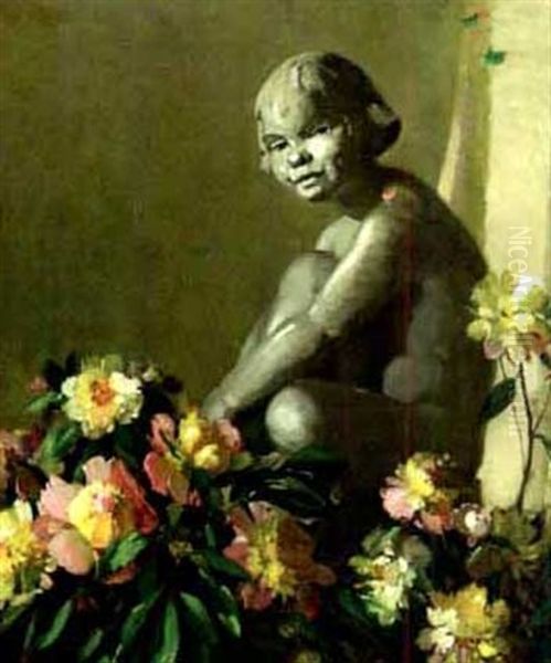 Garden Nymph With Peonies Oil Painting by Herbert Davis Richter