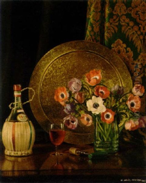 Still Life With Poppies And Wine Oil Painting by Herbert Davis Richter