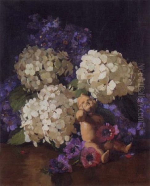 Flowers In A Vase With Mannequin Oil Painting by Herbert Davis Richter