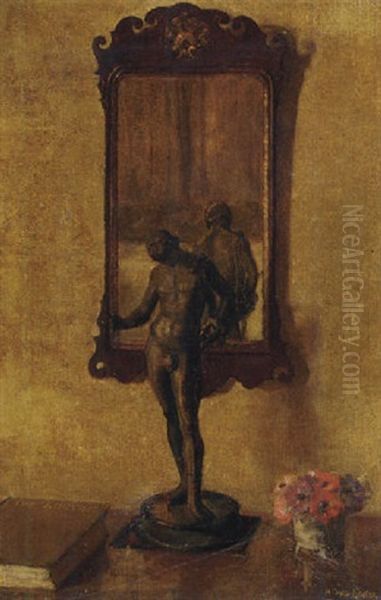 A Figurine Before A Mirror, The The Louvre And Flowers On A Sideboard Oil Painting by Herbert Davis Richter