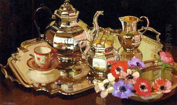Still Life With Silver Tea Service Oil Painting by Herbert Davis Richter