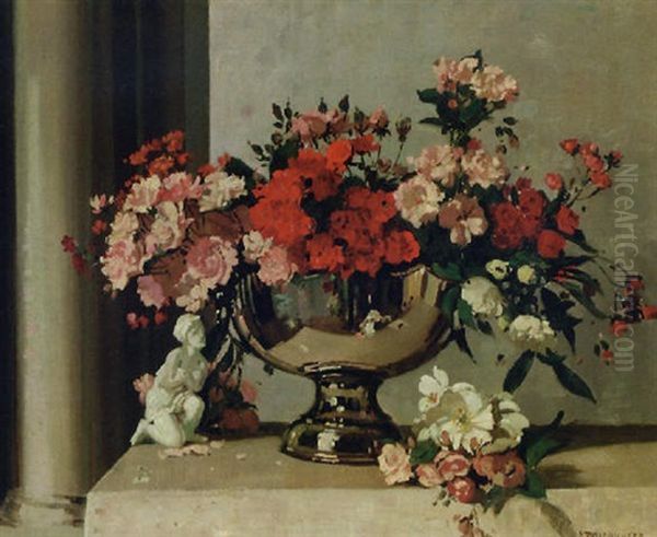 The Shimmer Of Silver Or Polyanthus Roses Oil Painting by Herbert Davis Richter