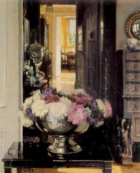 Interior With Chrysanthemums Oil Painting by Herbert Davis Richter