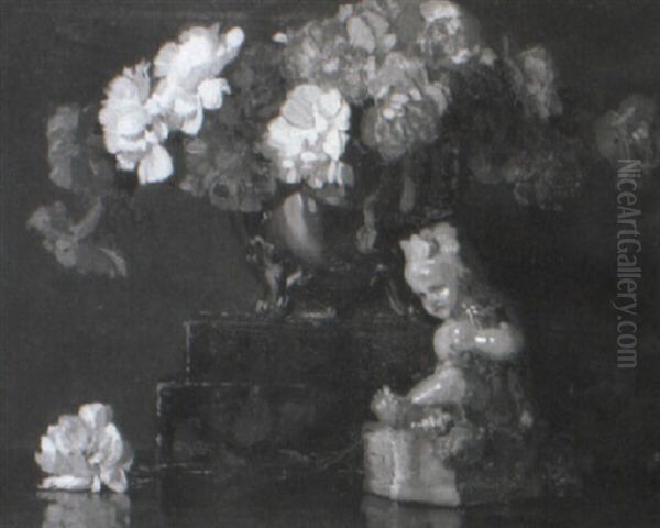 Still Life With A Bowl Of Flowers And A Figurine Oil Painting by Herbert Davis Richter