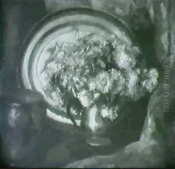 Still Life Of Yellow Chrysanthemums In A Pewter Jug With    Porcelain Dish And Copper Pot Oil Painting by Herbert Davis Richter