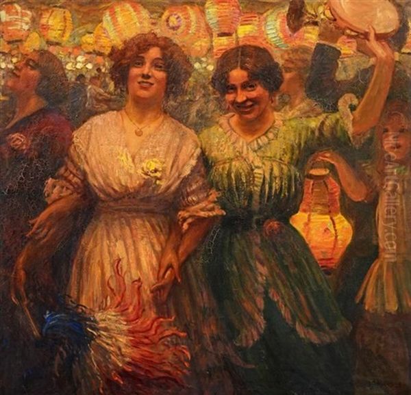 Zwei Tanzende Beim Lampionfest Oil Painting by Marius Richters