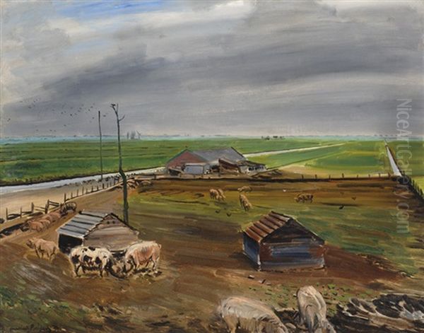 Pigfarm In A Polder Landscape Oil Painting by Marius Richters