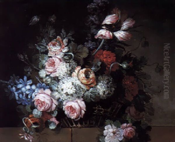 A Still Life Of Various Flowers In A Basket, Upon A Stone Ledge Oil Painting by Nicolas Ricoeur