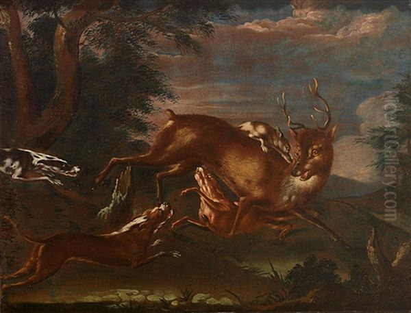 Hunde Hetzen Rehbocke (pair) Oil Painting by Johann Elias Ridinger or Riedinger