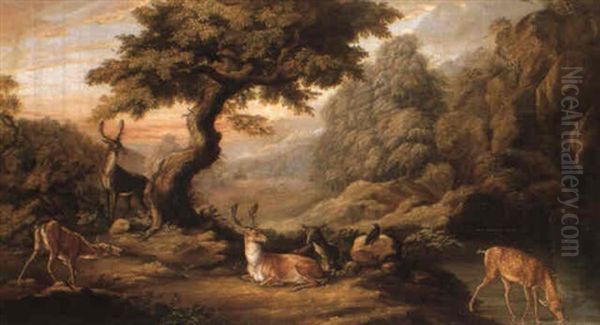 A Moutainous Landscape With Deer Watering At A Rocky Pool Oil Painting by Johann Elias Ridinger