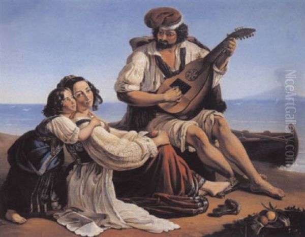 Neapolitanische Fischerfamilie Am Meeresufer Oil Painting by August Heinrich Riedel