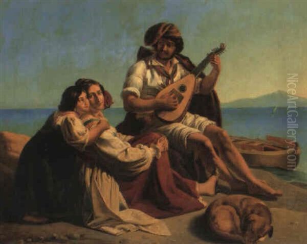 Strandparti Med Neapolitansk Fiskerfamilie Oil Painting by August Riedel