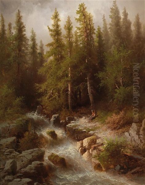 Rast Am Wildbach Oil Painting by Albert Rieger