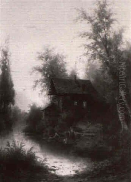Abendstimmung In Einem Laubwald Holzhaus Am Flus Oil Painting by Albert Rieger