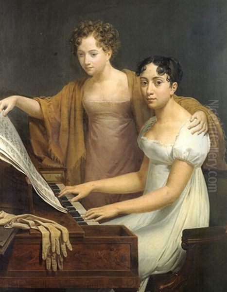 Jeunes Filles A L'epinette Oil Painting by Henri Francois Riesener