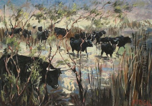 Troupeau De Taureaux Oil Painting by Louis (Pierre) Rigal