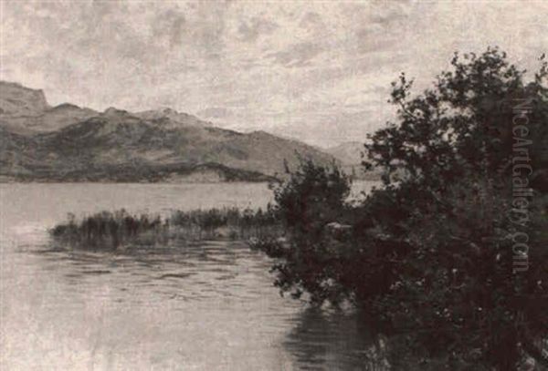Pond Scene With Mountains Oil Painting by Albert Gabriel Rigolot