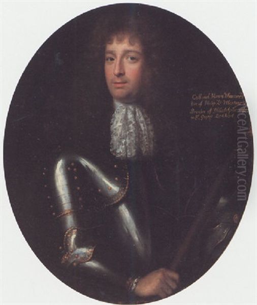 Portrait Of Colonel Henry Wharton, Wearing Armour And Holding A Baton Oil Painting by John Riley