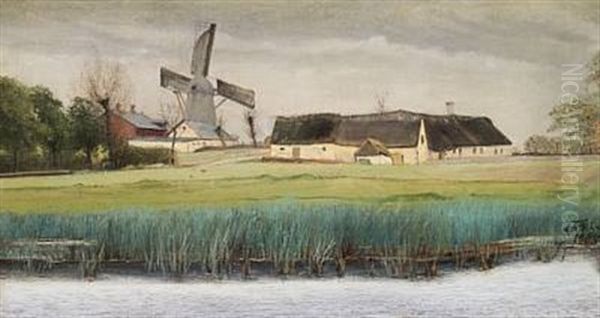 Farmhouse And Mill At A Lake Oil Painting by Laurits Andersen Ring
