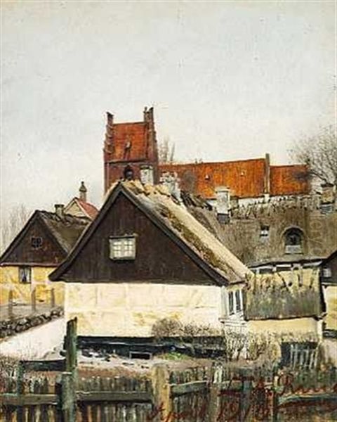 April. Straataekte Gamle Huse. Gulkalkede Med Sorte Gavle. I Forgrunden Et Traestakit. Bag Husene St. Jorgensbjerg Kirkes Rode Tag Og Taarn. Lyst Graavejr Oil Painting by Laurits Andersen Ring
