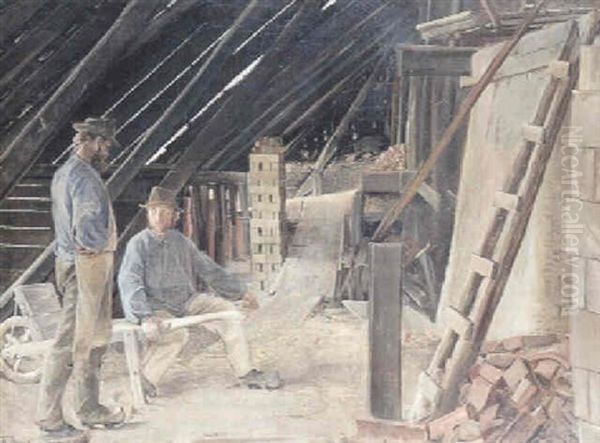 I Teglvaerket. Ovnladen Med Stabler Af Sten Og Forskellige Redskaber. Igennem Det Utaette Stratag Faldeer Lysstriber Oil Painting by Laurits Andersen Ring