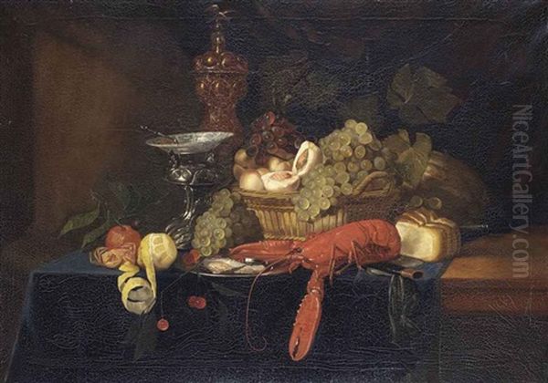 An Orange, A Lemon, Grapes, A Silver Standard With A Porcelain Plate, A Golden Cup, Oysters On A Pewter Plate, A Lobster, A Fruit Basket Oil Painting by Pieter de Ring