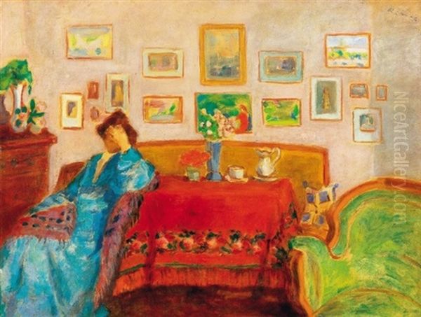 Kekruhas No Enteriorben (lady In Blue Dress In Interieur) Oil Painting by Jozsef Rippl-Ronai