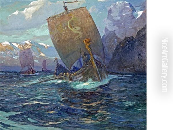 Vikings In The Glow Of The Midnight Sun Oil Painting by William Ritschel