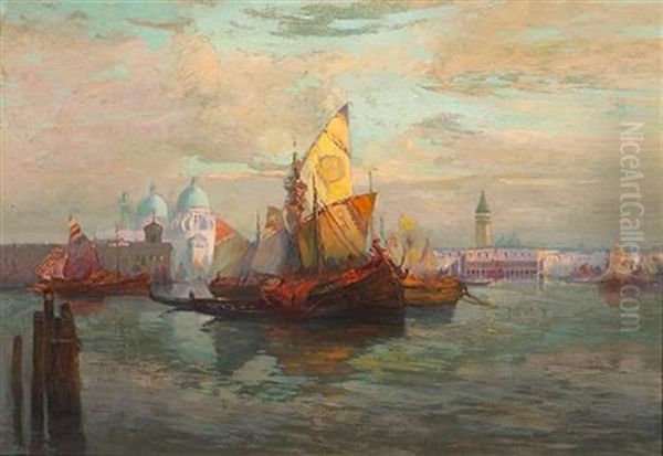 Boats In A Canal With Santa Maria Della Salute And The Doge's Palace Beyond Oil Painting by William Ritschel