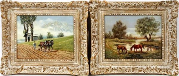 Austrian Landscape With Horses (pair) Oil Painting by Rudolf Ritter